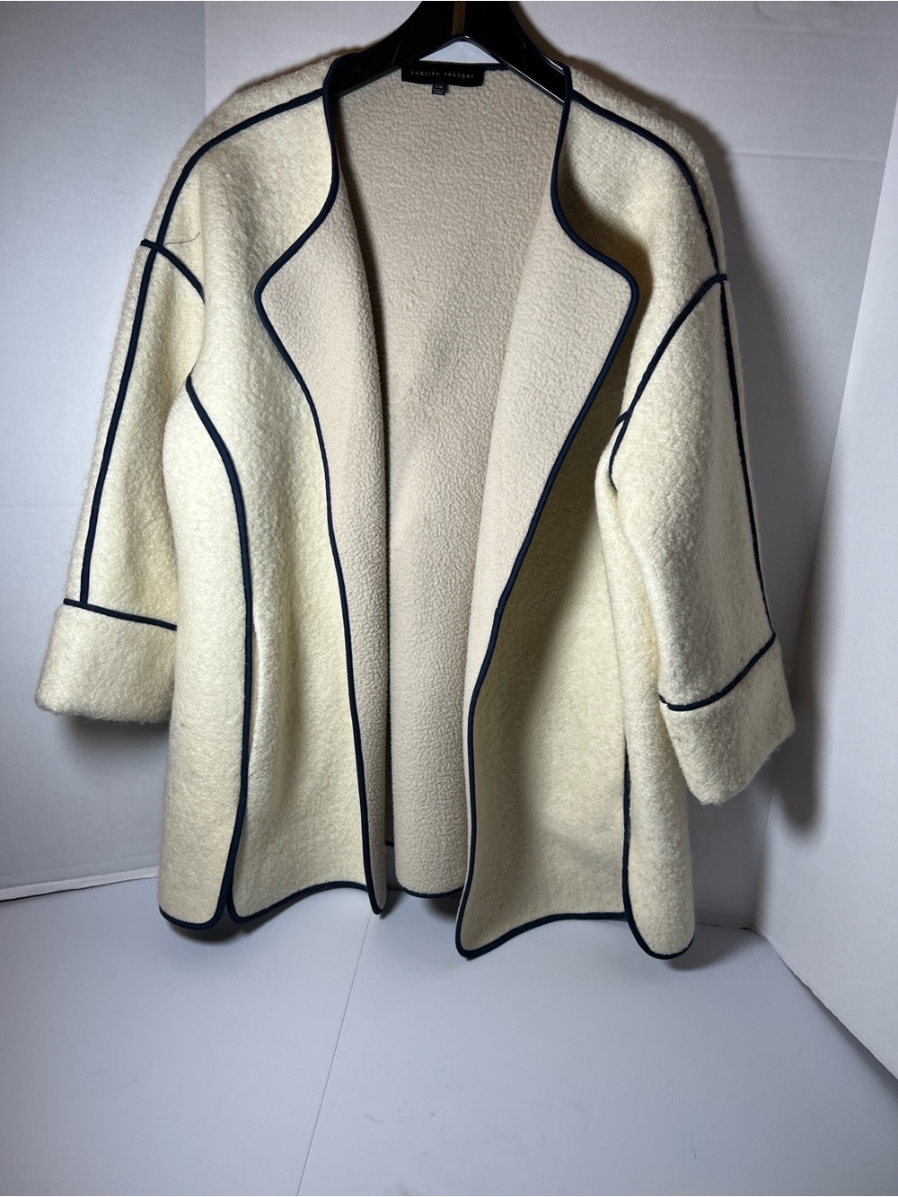 English Factory Cream Open-Front Cape with Navy Trim